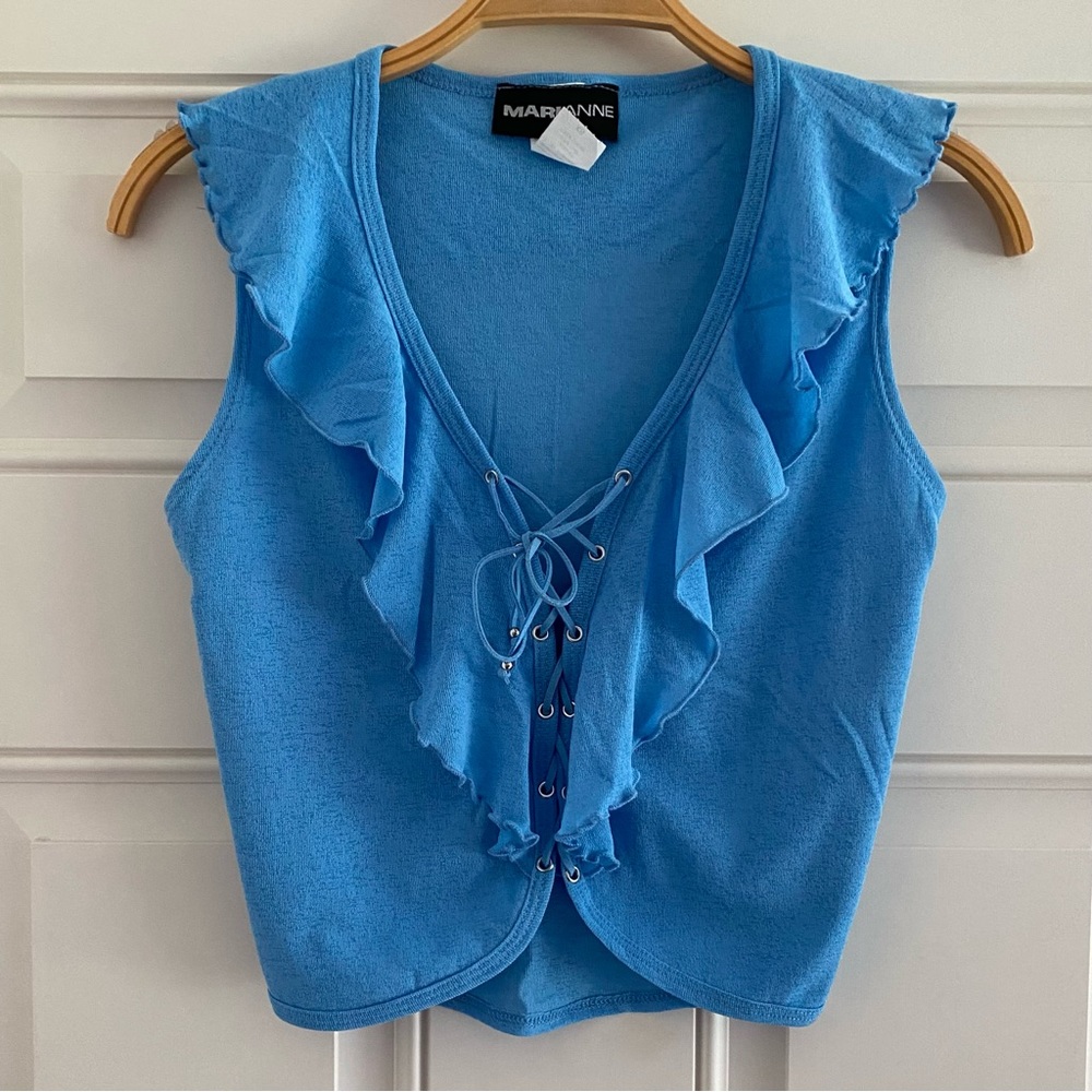 Vintage Marianne Blue Ruffle Lace-Up Tank Top